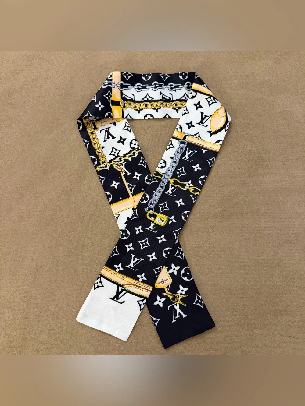 Monogram Chain & Lock Silk Twilly Scarf Black White Luxury Accessory